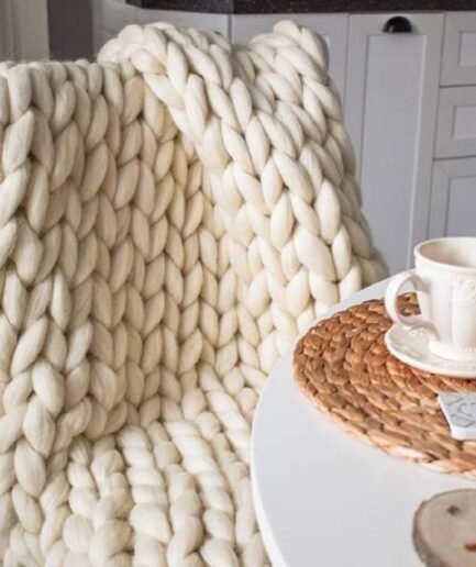 Chunky Knit Blanket Hand Made Merino Wool Throw Boho Bedroom Sofa Home Decor Giant Yarn(Ivory White 40"x60")