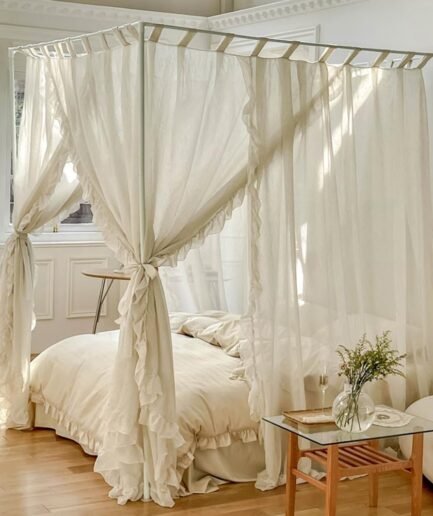 Canopy Bed Curtains,Linen Bed Canopy Curtains 4 Corner Bed Drapes Canopy Curtains for Bedroom Decor (Ivory,Full)
