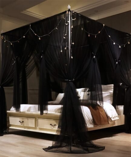 4 Corners Post Princess Bed Canopy Curtain Double Layer Cozy Drape Netting 4 Opening Mosquito Net for Girls & Adults Bedroom Decoration Accessories (Double Black, 47" W*78" L*82"*H/Twin)