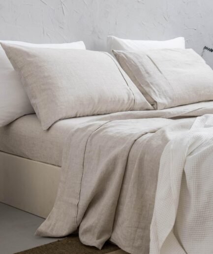 100% Washed  Linen Sheet Set-Queen Size-Natural Linen-4 Pieces (1 Flat Sheet, 1 Fitted Sheet & 2 Pillowcases), 16" Deep Pocket, Breathable,Ultra Soft and Durable