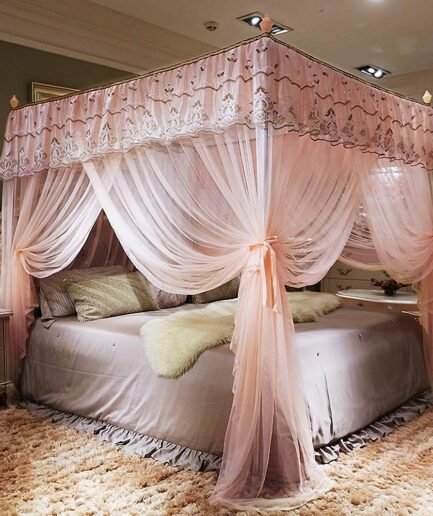 Elegant Bed Curtains Canopy, Embroidery Ruffle 4 Corner Post Canopy Netting for Bed, Bed Canopy for Girls Women Kids Adult, Bedding Décor (Queen, Peach)
