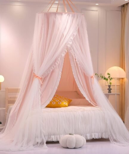Double Layer Princess Round Dome Canopy Bed Curtain for Girls Adults,Children Dreamy Mosquito Net,Cute Bedroom Decoration Castle Play Tent Reading Nook Canopies(Dome-Pink/White)