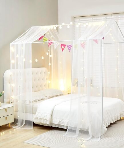 House Bed Canopy Bed Curtains with Lights,Montessori Floor Bed Canopy for Girls Boys,Four Poster Bed Curtains House Bed Decoration (Twin/Twin XL, White)