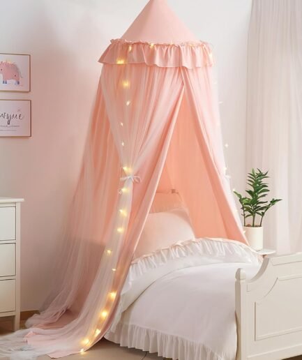 Double Layer Bed Canopy with Star Lights, Bed Canopy for Girls, Twin Size Canopy Bed Curtain for Children Princess Play Tent Bedroom Decoration Castle Reading Nook, Pink