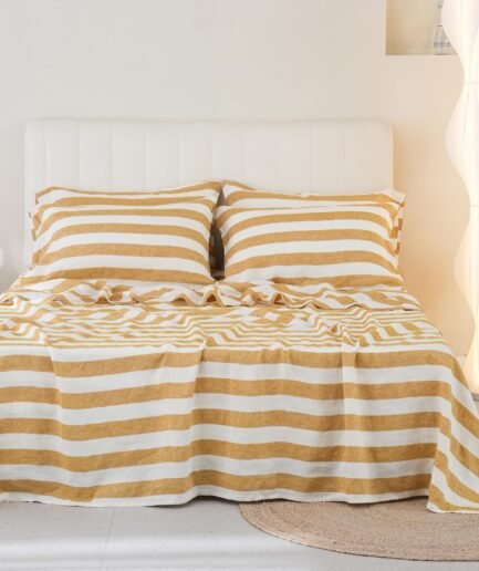 100% Organic Linen Sheets Set Queen Size 4pcs,Yellow Stripe Yarn Dyed Pattern Farmhouse Bedding Set, Natural Stone Washed Flax Bed Sheets