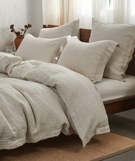 100% Linen Duvet Cover Set with Embroidery Washed - 3 Pieces (1 Duvet Cover with 2 Pillow Shams) with Button Closure Soft Breathable Farmhouse - Linen, King Size