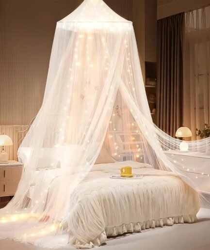 Bed Canopy with Lights, Bed Canopy for Girls Princess with Luminous Stars, Canopy Bed Curtains for Twin to King Size Bed, Baby Kids Adult Indoor Decor Bedroom Reading Nook Outdoor Camping, White