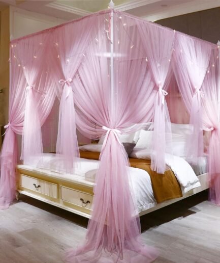 4 Corners Post Princess Bed Canopy Curtain Double Layer Cozy Drape Netting 4 Opening Mosquito Net for Girls & Adults Bedroom Decoration Accessories (Double Pink, 47" W*78" L*82"*H/Twin)