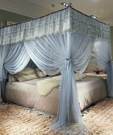 Elegant Bed Curtains Canopy, Embroidery Ruffle 4 Corner Post Canopy Netting for Bed, Bed Canopy for Girls Toddlers Crib Kids Adult, Bedding Décor (King, Grey)