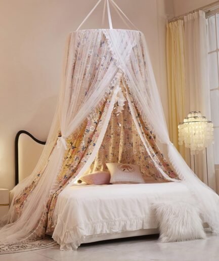 Double Layer Princess Round Dome Canopy Bed Curtain for Girls Adults,Children Dreamy Mosquito Net,Cute Bedroom Decoration Castle Play Tent Reading Nook Canopies (Flowers/White)