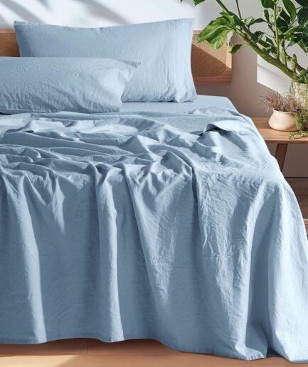 100%  Pure Linen Sheets, Breathable and Durable Linen King Size Sheets, Anti-Tear Linen Bed Sheets, Machine Washable, 16 Inch Deep Pocket - 4 Piece (Dusty Blue, King)