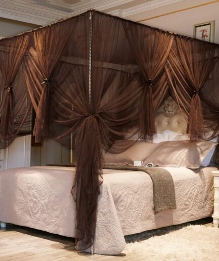 4 Corners Post Canopy Bed Curtain for Girls Boys & Adults Gift - 4 Opening - Bedroom Decoration (Full, Coffee)