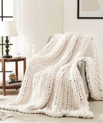 Chunky Knit Blanket Throw,Soft Chenille Yarn Throw 50x60,Handmade Thick Cable Knit Crochet Blanket, Large Rope Knot Throw Blanket for Couch Home Decor