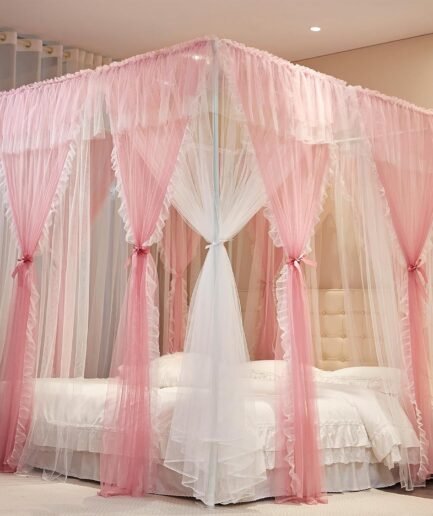 4 Corners Post Princess Curtains Bed Canopy for Girls 8 Panels Curtain- Double Layer Sheer Mesh Canopies Drapes Girls Room Decor (8P-Pink/White, 4P(33"x82") W+4P(43"x82") L/(Queen))