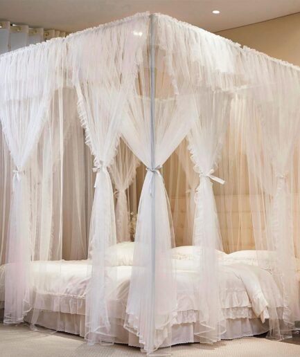 4 Corners Post Princess Curtains Bed Canopy for Girls 8 Panels Curtain - Double Layer Sheer Mesh Canopies Drapes Girls Room Decor (8P-White/White, 4P(33"x82") W+4P(43"x82") L/(Queen))