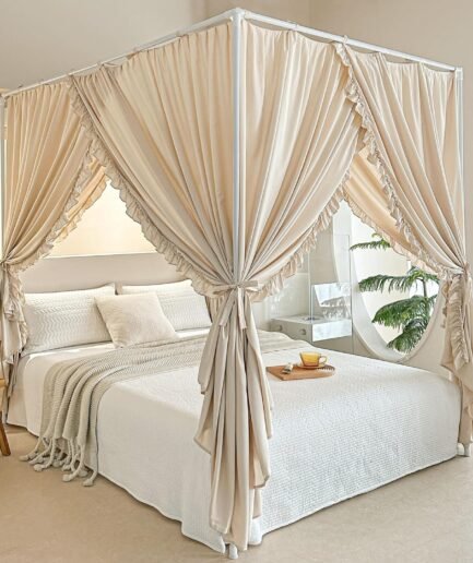 Princess Canopy Bed Curtains with Top Ties - Windproof & Lightproof for Girls' Adult Bedroom Decor | Bed Canopy Drapes (Queen,Khaki)