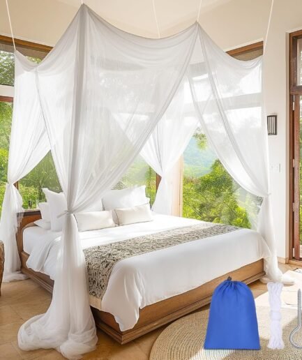 Mosquito Net for Bed,  Large White Bed Canopy for Girls, Hanging Bed Net, Ideal for Bedroom Decorative, Travel with Storage Bag (Four-Door)