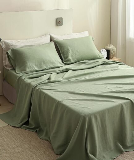 100% Linen Sheets Queen Size Set, 4 Pcs Natural  Linen Bed Sheets, Breathable Soft Durable Bedding Set for All Season (Sage Green, Queen)
