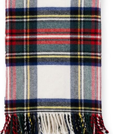 Premium Classic Holiday Decorative Throw Blanket 50"x70" Heavyweight 100% Ultra Fine Merino Wool Navy Red Beige Woven Royal Stewart Tartan Plaid