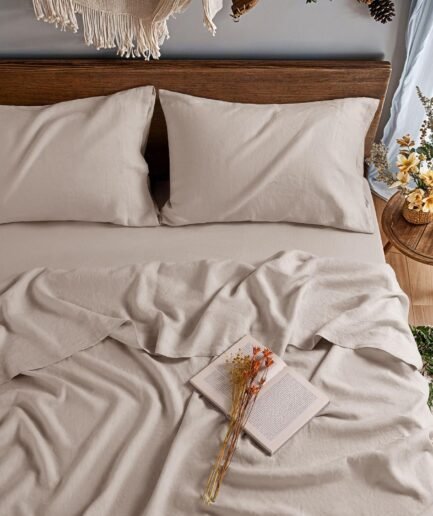 100%  Linen Sheet King Bed Set Luxury 4 pcs Deep Pocket Sheets Up to 16" Bedding Sheet All Season (Linen, King)