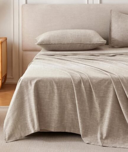 Linen Sheets Queen Size, Stonewashed Linen Cotton Blend Sheets with Slub Texture, Breathable & Soft Cotton Bedsheets, All-Season Comfort, 4 Pieces, Beige