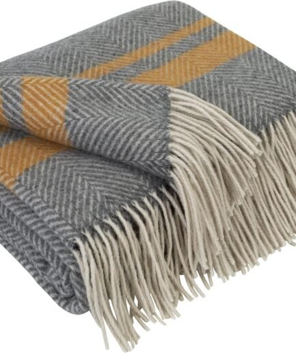 Merino Wool Blanket - Warm Throw for Cold Weather, Warmest Travel Outdoor Camping Blankets, Picnic Army and Military Throws, Comforter Soft & Cozy (55 x 79 Grey with Mustard and White Stripes)